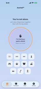 Averted’s home screen with the large favorite-technique button, technique icons, and Home, Techniques, About, and Settings tabs.
