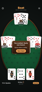 The end of a hand: each cat's three cards face up on the table with its total beside its name, one total marked in red for the strike, and a small dialog in the middle saying who scatted, who was lowest, and a Next Hand button.