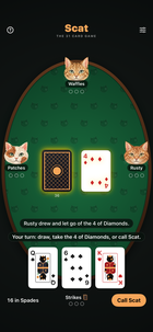 A game of Scat on an oval of green felt: three painted cats around the table, the deck and the discard pile in the middle, and the player's three cards along the bottom with a Call Scat button beside them.